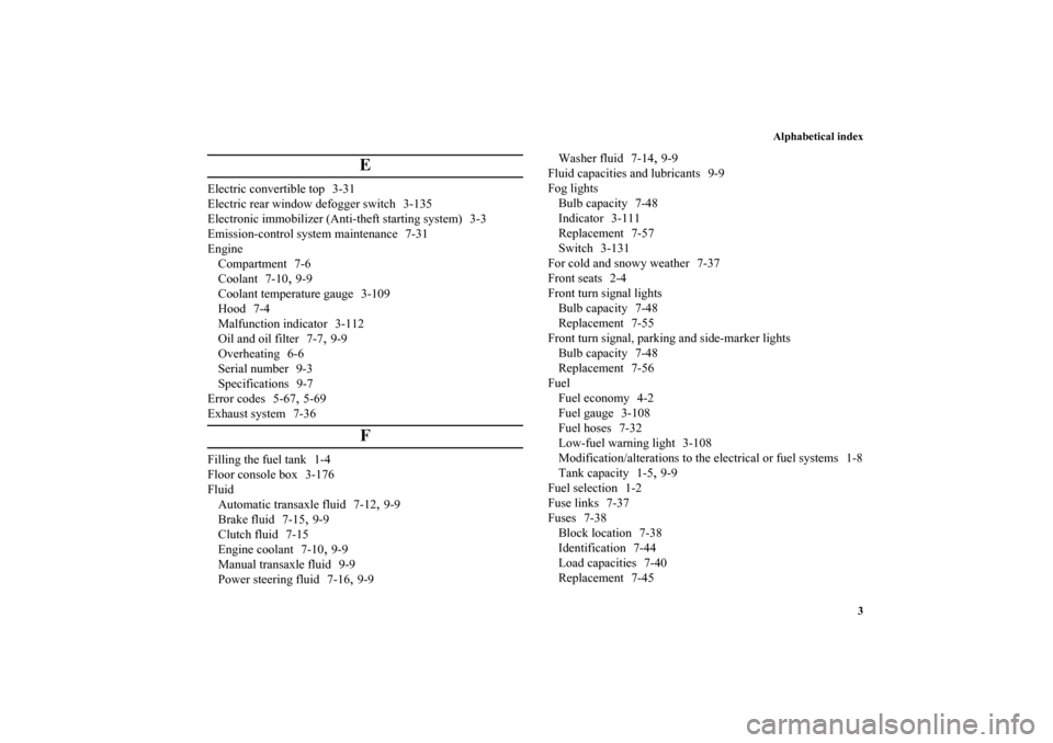 MITSUBISHI ECLIPSE 2012 4.G Owners Manual Alphabetical index
3
E
Electric convertible top 3-31
Electric rear window defogger switch 3-135
Electronic immobilizer (Anti-theft starting system) 3-3
Emission-control system maintenance 7-31
Engine
