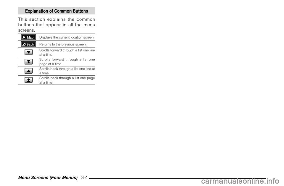 MITSUBISHI ENDEAVOR 2010 1.G MMCS Manual Menu Screens (Four Menus)   3-4
Explanation of Common Buttons
This section explains the common 
buttons that appear in all the menu 
screens.
Displays the current location screen.Returns to the previo