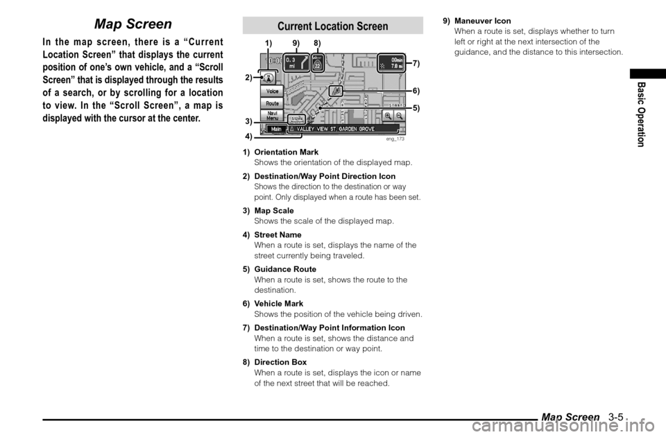 MITSUBISHI ENDEAVOR 2010 1.G MMCS Manual Map Screen   3-5
Basic Operation
Map Screen
In the map screen, there is a “Current 
Location Screen” that displays the current 
position of one’s own vehicle, and a “Scroll 
Screen” that is 