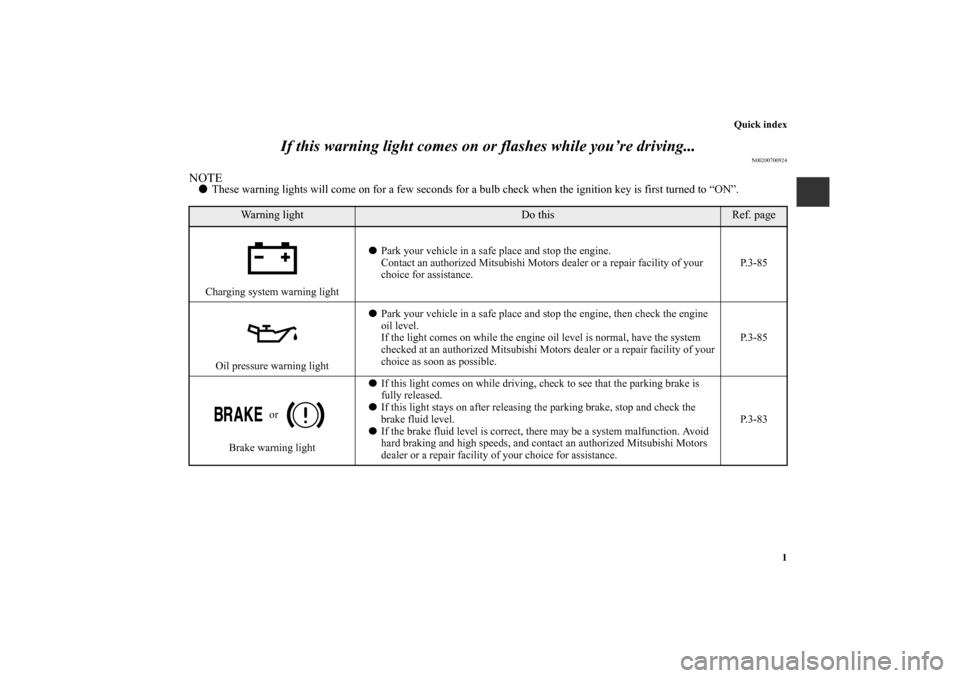 MITSUBISHI ENDEAVOR 2010 1.G User Guide Quick index
1
If this warning light comes on or flashes while you’re driving...
N00200700924
NOTEThese warning lights will come on for a few seconds for a bulb check when the ignition key is first 