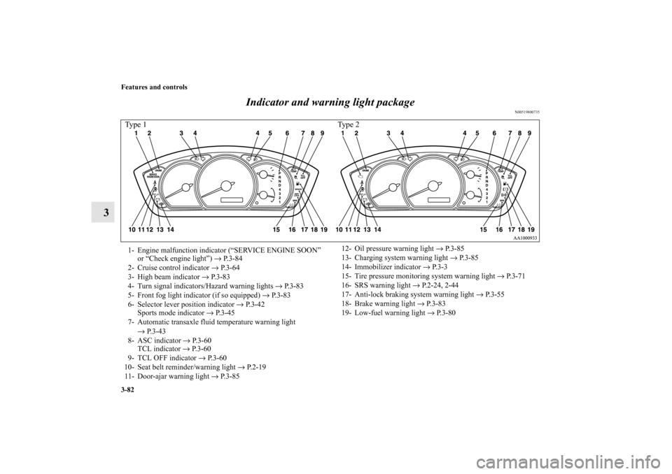 MITSUBISHI ENDEAVOR 2010 1.G Owners Manual 3-82 Features and controls
3Indicator and warning light package
N00519800735
Ty p e  2 Ty p e  1
1- Engine malfunction indicator (“SERVICE ENGINE SOON”
or “Check engine light”) → P.3-84
2- C