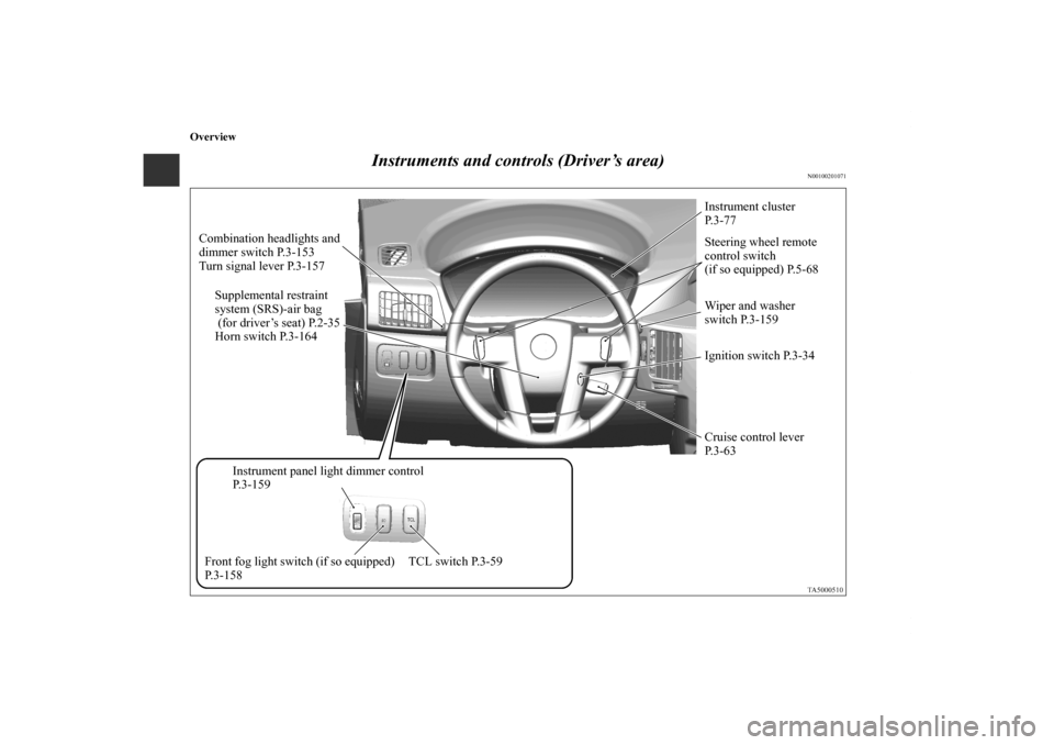 MITSUBISHI ENDEAVOR 2010 1.G Owners Manual Overview
Instruments and controls (Driver’s area)
N00100201071
Combination headlights and 
dimmer switch P.3-153
Turn signal lever P.3-157
Supplemental restraint 
system (SRS)-air bag
 (for driver