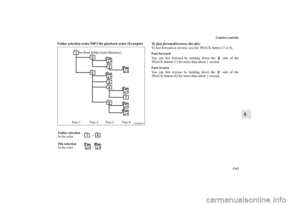 MITSUBISHI ENDEAVOR 2010 1.G Owners Manual Comfort controls
5-63
5
Folder selection order/MP3 file playback order (Example)
  
To fast forward/reverse the discTo fast forward or reverse, use the TRACK button (7 or 8).
Fast forward
You can fast