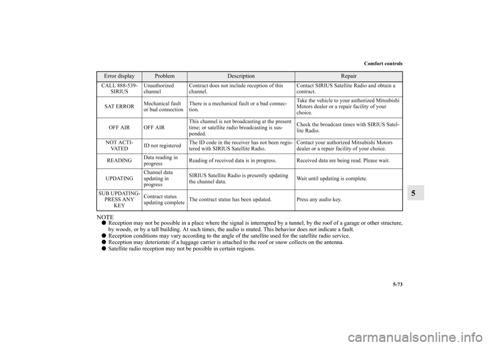 MITSUBISHI ENDEAVOR 2010 1.G Owners Manual Comfort controls
5-73
5
NOTEReception may not be possible in a place where the signal is interrupted by a tunnel, by the roof of a garage or other structure,
by woods, or by a tall building. At such 