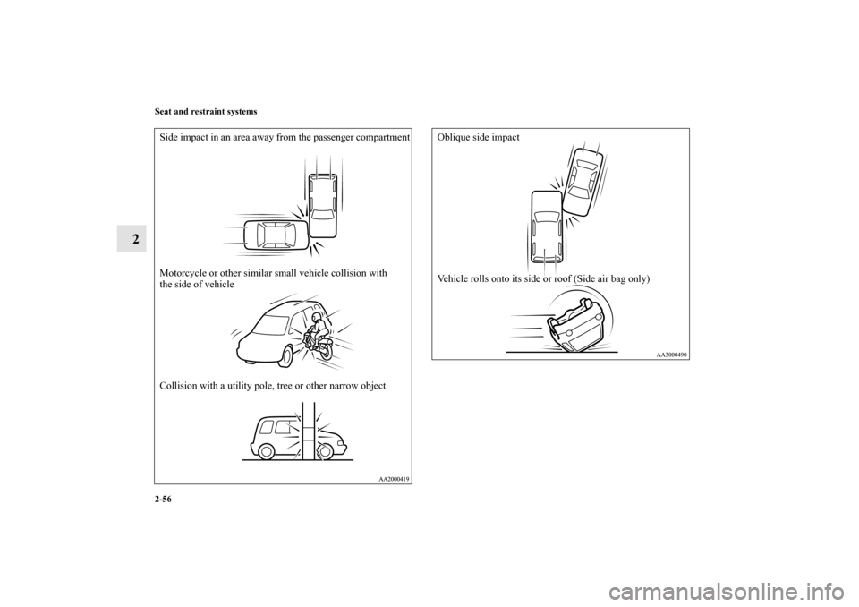 MITSUBISHI ENDEAVOR 2010 1.G Manual Online 2-56 Seat and restraint systems
2
Side impact in an area away from the passenger compartment
Motorcycle or other similar small vehicle collision with 
the side of vehicle
Collision with a utility pole