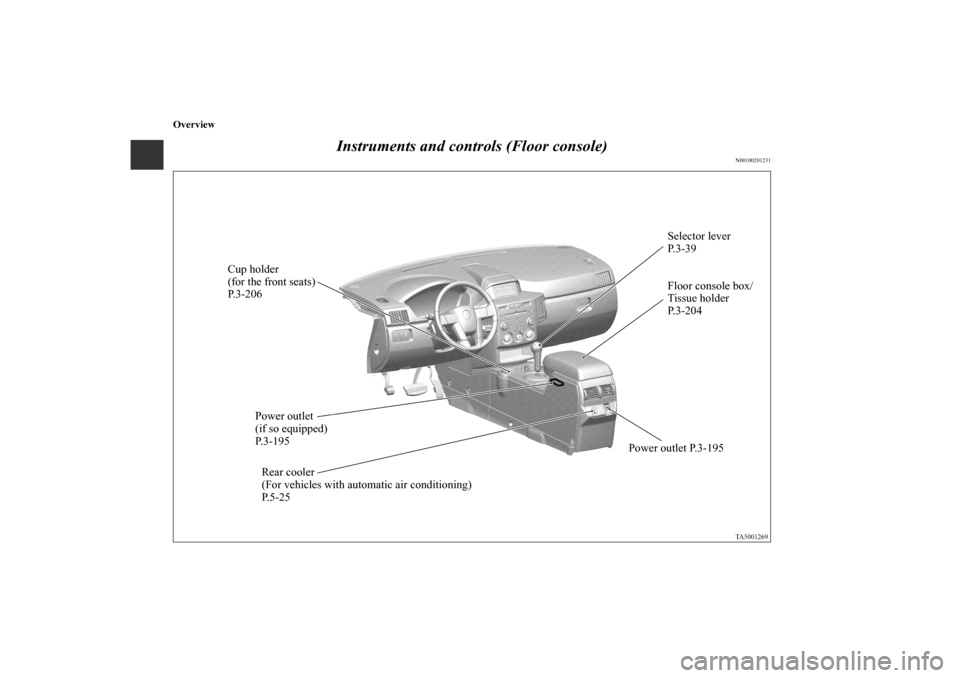 MITSUBISHI ENDEAVOR 2011 1.G Owners Manual Overview
Instruments and controls (Floor console)
N00100201231
Cup holder 
(for the front seats) 
P.3-206
Power outlet
(if so equipped) 
P. 3 - 1 9 5Selector lever 
P.3-39
Floor console box/
Tissue ho