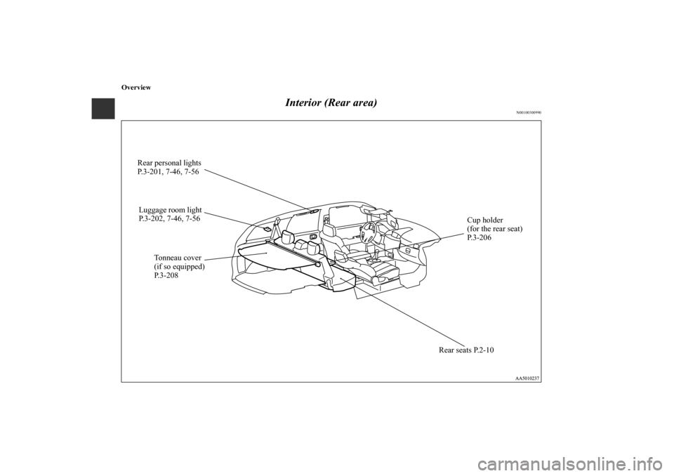 MITSUBISHI ENDEAVOR 2011 1.G Owners Manual Overview
Interior (Rear area)
N00100300990
Luggage room light 
P.3-202, 7-46, 7-56
Tonneau cover
(if so equipped) 
P. 3 - 2 0 8Cup holder 
(for the rear seat) 
P.3-206
Rear seats P.2-10 Rear personal 