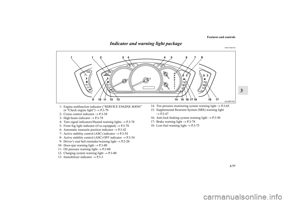 MITSUBISHI GALANT 2011 9.G Owners Manual Features and controls
3-77
3 Indicator and warning light package
N00519800780
1- Engine malfunction indicator (“SERVICE ENGINE SOON”
or “Check engine light”) → P.3-79
2- Cruise control indic