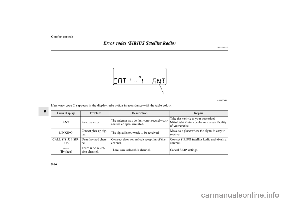 MITSUBISHI GALANT 2011 9.G Owners Manual 5-66 Comfort controls
5Error codes (SIRIUS Satellite Radio)
N00736100735
If an error code (1) appears in the display, take action in accordance with the table below.
Error display
Problem
Description
