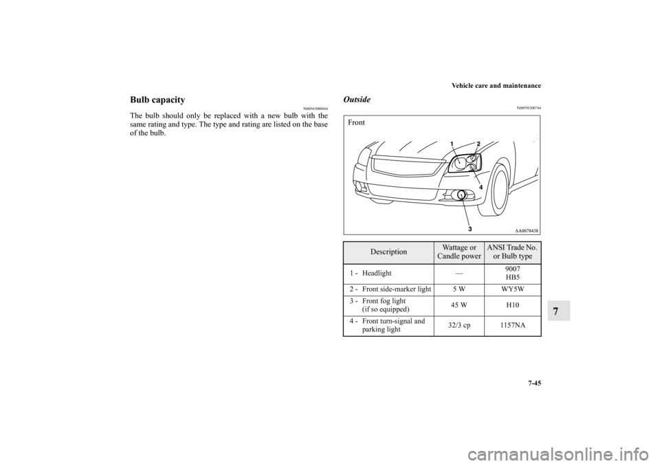 MITSUBISHI GALANT 2011 9.G Owners Manual Vehicle care and maintenance
7-45
7
Bulb capacity
N00943000044
The bulb should only be replaced with a new bulb with the
same rating and type. The type and rating are listed on the base
of the bulb.
O