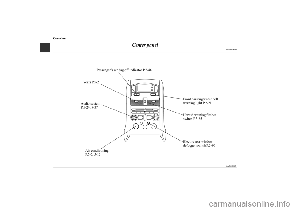 MITSUBISHI GALANT 2011 9.G Owners Manual Overview
Center panel
N00100700141
Audio system 
P.5-24, 5-37
Electric rear window 
defogger switch P.3-90
Air conditioning 
P.5-5, 5-13 Ve n t s  P. 5 - 2
Front passenger seat belt 
warning light P.2