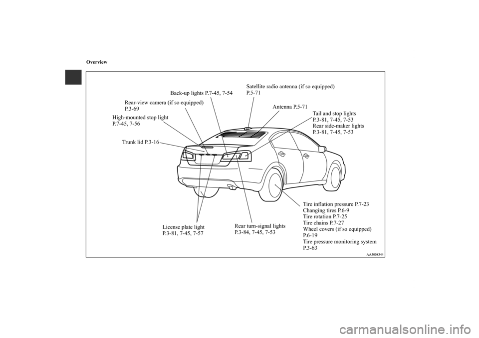 MITSUBISHI GALANT 2011 9.G Owners Manual Overview
License plate light 
P.3-81, 7-45, 7-57 Trunk lid P.3-16Tail and stop lights 
P.3-81, 7-45, 7-53
Rear side-maker lights
P.3-81, 7-45, 7-53
Rear turn-signal lights
P.3-84, 7-45, 7-53Tire infla