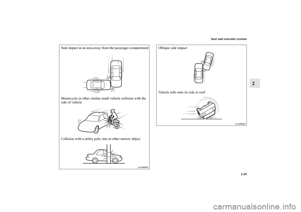 MITSUBISHI GALANT 2011 9.G Manual Online Seat and restraint systems
2-59
2
Side impact in an area away from the passenger compartment
Motorcycle or other similar small vehicle collision with the 
side of vehicle
Collision with a utility pole