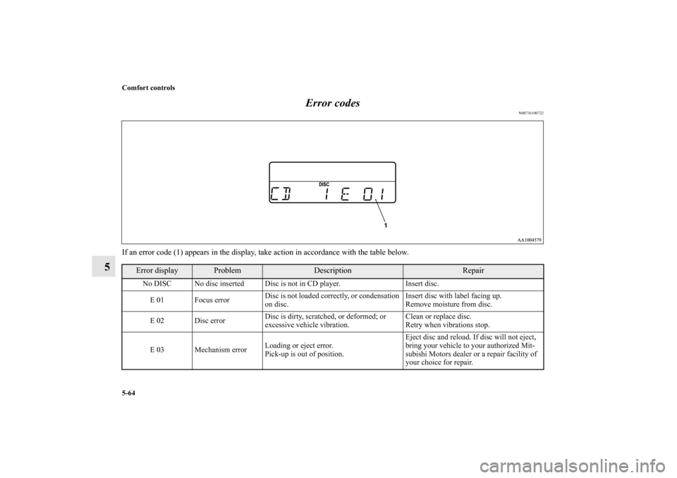 MITSUBISHI GALANT 2012 9.G Owners Manual 5-64 Comfort controls
5Error codes
N00736100722
If an error code (1) appears in the display, take action in accordance with the table below.
Error display
Problem
Description
Repair
No DISC No disc in