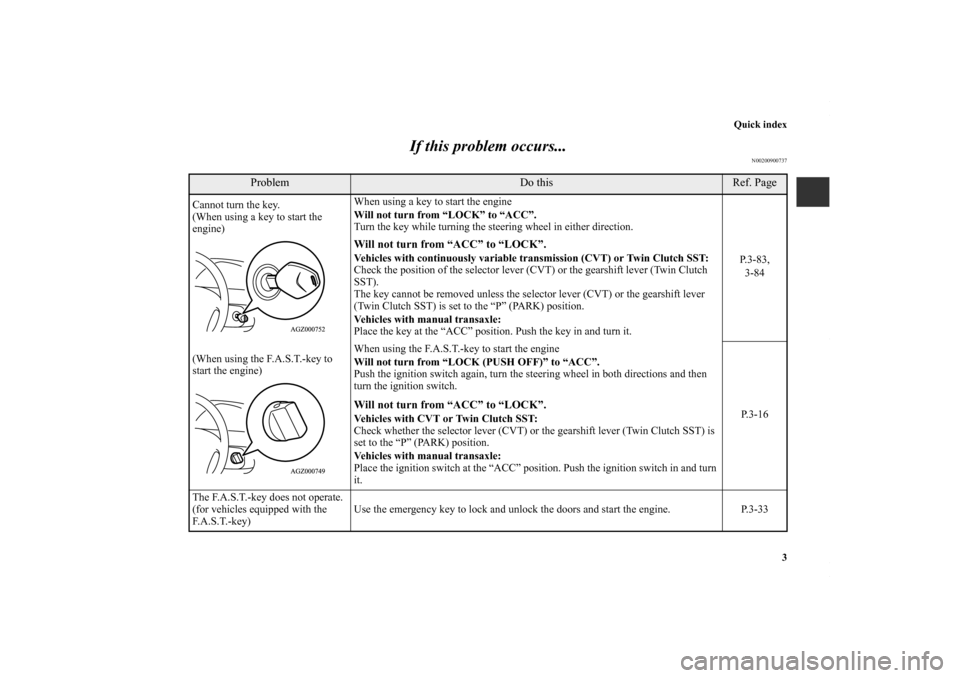 MITSUBISHI LANCER 2010 8.G Owners Manual Quick index
3
If this problem occurs...
N00200900737
Problem
Do this
Ref. Page
Cannot turn the key.
(When using a key to start the 
engine)When using a key to start the engine
Will not turn from “LO