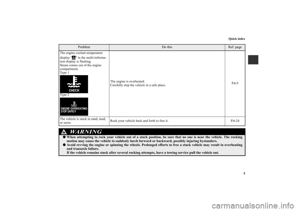 MITSUBISHI LANCER 2010 8.G Owners Manual Quick index
5
Problem
Do this
Ref. page
The engine coolant temperature 
display “ ” in the multi-informa-
tion display is flashing.
Steam comes out of the engine 
compartment.
Type 1
Type 2The eng