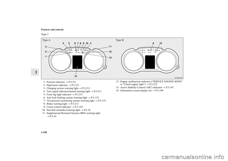 MITSUBISHI LANCER 2010 8.G User Guide 3-198 Features and controls
3
Type 2Type A Type B1- Position indicator → P.3-211
2- High beam indicator → P.3-211
3- Charging system warning light → P.3-213
4- Turn signal indicator/hazard warni