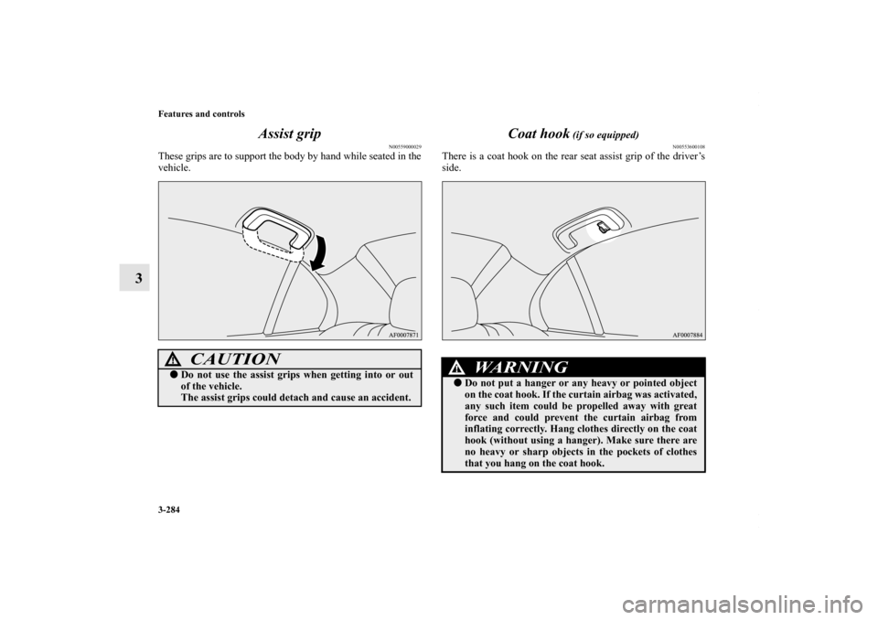 MITSUBISHI LANCER 2010 8.G Owners Manual 3-284 Features and controls
3Assist grip
N00559000029
These grips are to support the body by hand while seated in the
vehicle.
Coat hook
 (if so equipped)
N00553600108
There is a coat hook on the rear