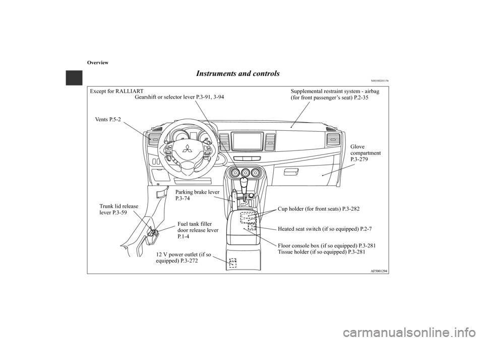 MITSUBISHI LANCER 2010 8.G Owners Manual Overview
Instruments and controls
N00100201156
Gearshift or selector lever P.3-91, 3-94
Parking brake lever 
P.3-74
Cup holder (for front seats) P.3-282
Heated seat switch (if so equipped) P.2-7
12 V 