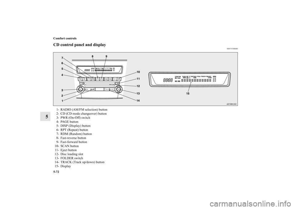 MITSUBISHI LANCER 2010 8.G Owners Manual 5-72 Comfort controls
5
CD control panel and display
N00735300600
1- RADIO (AM/FM selection) button
2- CD (CD mode changeover) button
3- PWR (On-Off) switch
4- PAGE button
5- DISP (Display) button
6- 