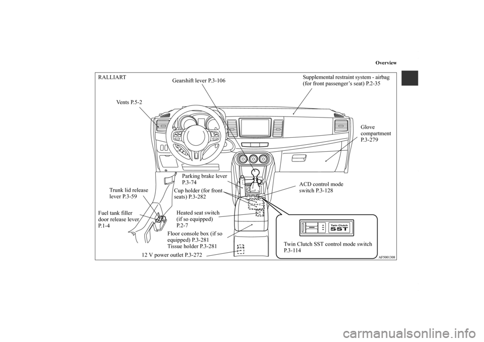 MITSUBISHI LANCER 2010 8.G Owners Manual Overview
Gearshift lever P.3-106 RALLIART
Cup holder (for front 
seats) P.3-282
Heated seat switch 
(if so equipped) 
P.2-7
12 V power outlet P.3-272 Fuel tank filler 
door release lever 
P.1-4Parking