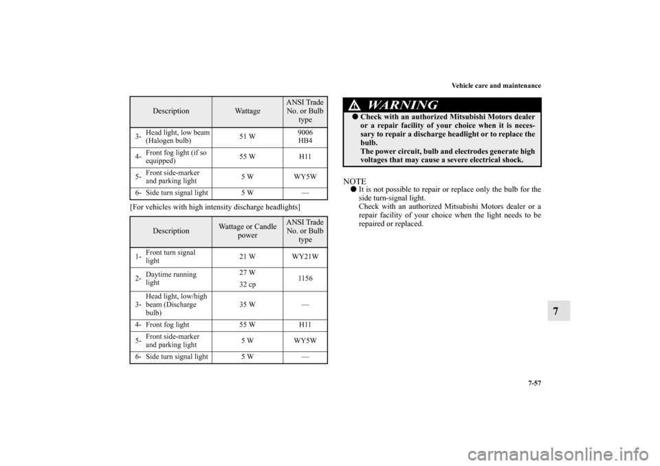 MITSUBISHI LANCER 2010 8.G Owners Manual Vehicle care and maintenance
7-57
7
[For vehicles with high intensity discharge headlights]
NOTEIt is not possible to repair or replace only the bulb for the
side turn-signal light.
Check with an aut