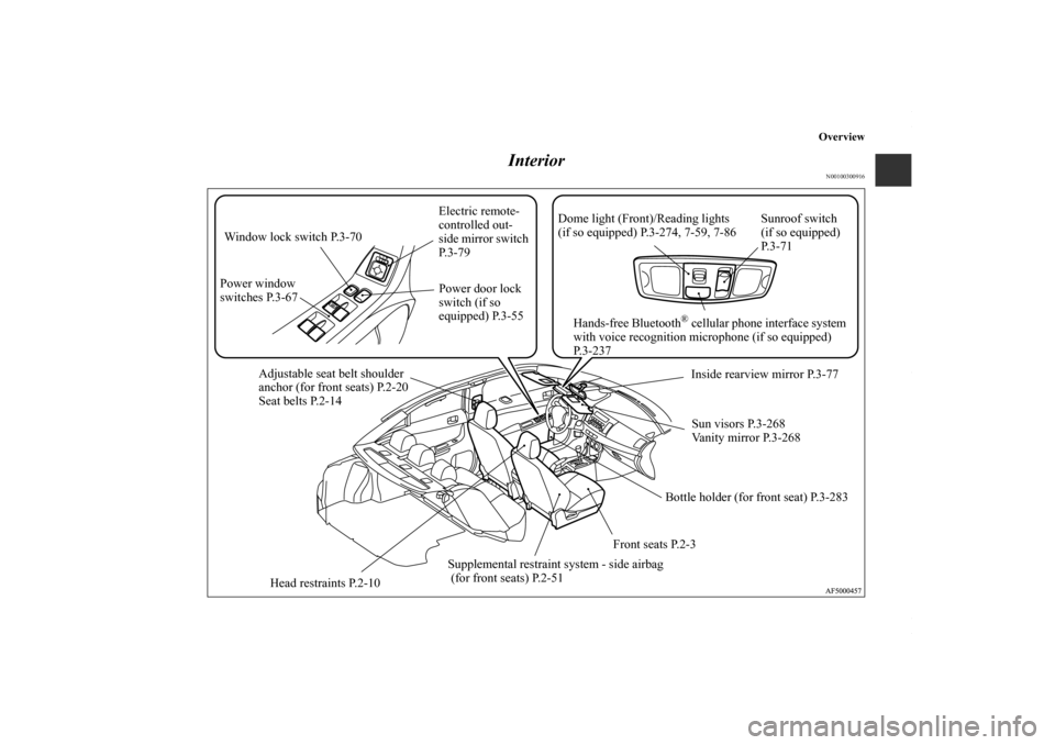 MITSUBISHI LANCER 2010 8.G Owners Manual Overview
Interior
N00100300916
Adjustable seat belt shoulder 
anchor (for front seats) P.2-20
Seat belts P.2-14
Supplemental restraint system - side airbag
 (for front seats) P.2-51Front seats P.2-3Su