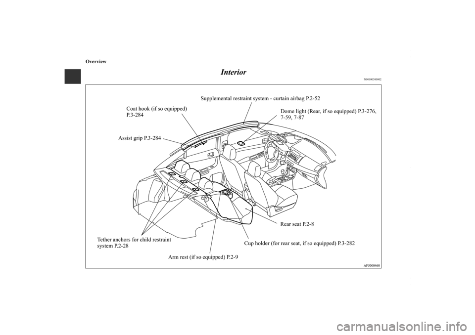 MITSUBISHI LANCER 2010 8.G Owners Manual Overview
Interior
N00100300802
Supplemental restraint system - curtain airbag P.2-52
Dome light (Rear, if so equipped) P.3-276, 
7-59, 7-87
Rear seat P.2-8
Arm rest (if so equipped) P.2-9Cup holder (f