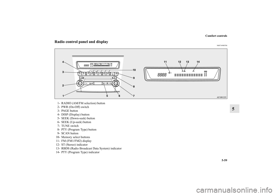 MITSUBISHI LANCER 2011 8.G Owners Manual Comfort controls
5-59
5
Radio control panel and display
N00734900700
1- RADIO (AM/FM selection) button
2- PWR (On-Off) switch
3- PAGE button
4- DISP (Display) button
5- SEEK (Down-seek) button
6- SEEK