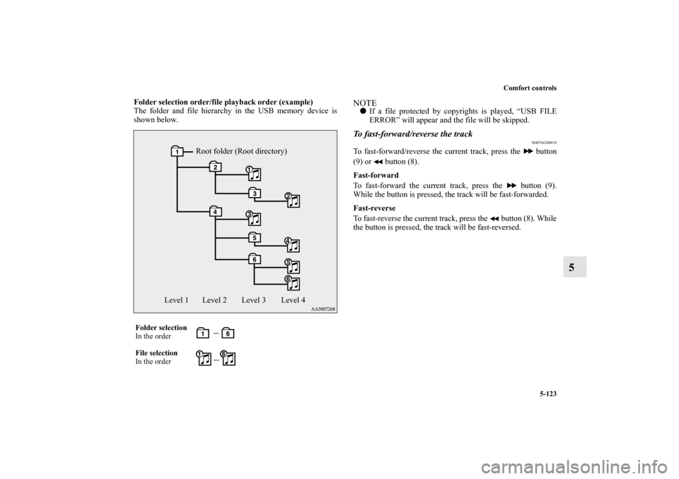 MITSUBISHI LANCER 2011 8.G User Guide Comfort controls
5-123
5
Folder selection order/file playback order (example)
The folder and file hierarchy in the USB memory device is
shown below.
NOTEIf a file protected by copyrights is played, �