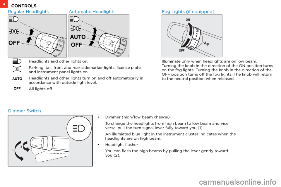 MITSUBISHI LANCER 2012 8.G Owners Handbook 4CONTROLS
Regular Headlights Automatic Headlights 
Headlights and other lights on.
Parking, tail, front and rear sidemarker lights, license plate 
and instrument panel lights on.
Headlights and other 