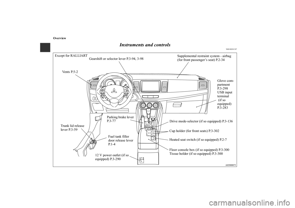 MITSUBISHI LANCER 2012 8.G Owners Manual Overview
Instruments and controls
N00100201387
Gearshift or selector lever P.3-94, 3-98
Parking brake lever 
P. 3 - 7 7
Cup holder (for front seats) P.3-302
Heated seat switch (if so equipped) P.2-7
1