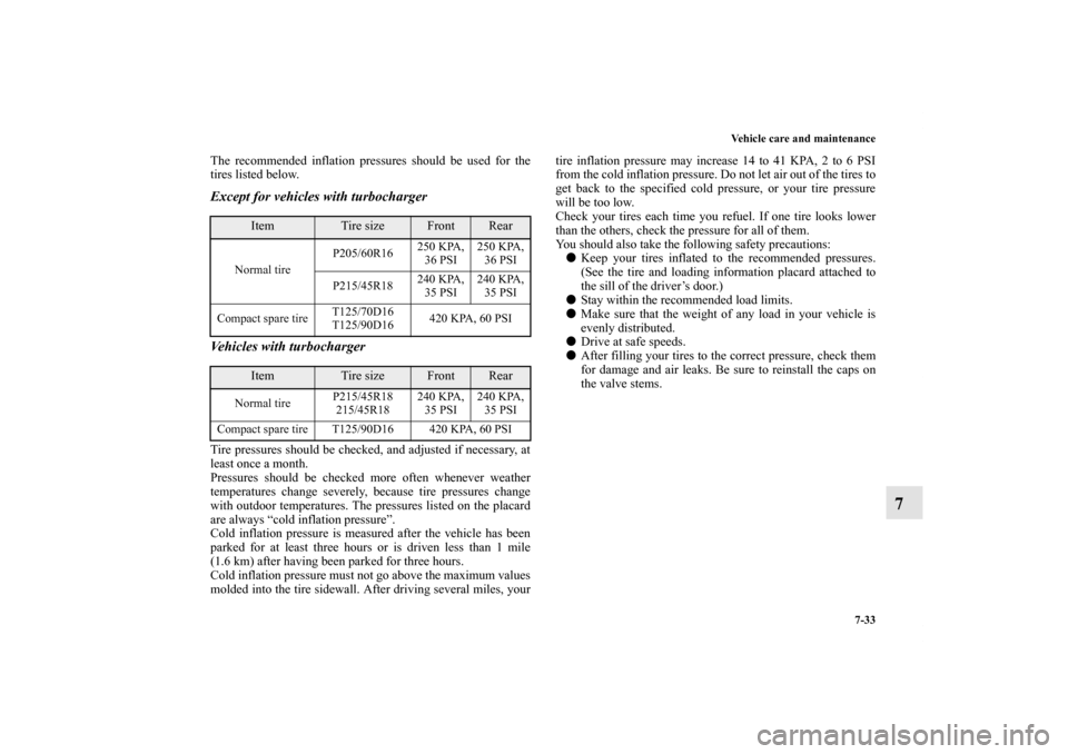 MITSUBISHI LANCER 2012 8.G Owners Manual Vehicle care and maintenance
7-33
7
The recommended inflation pressures should be used for the
tires listed below.Except for vehicles with turbocharger
Vehicles with turbochargerTire pressures should 