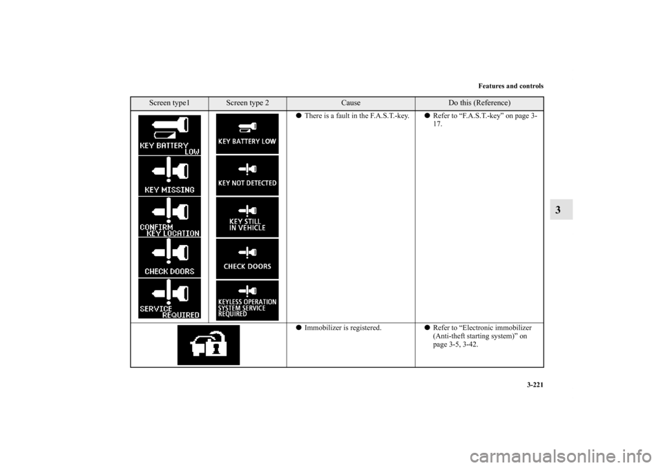 MITSUBISHI LANCER 2013 8.G Owners Manual Features and controls
3-221
3
There is a fault in the F.A.S.T.-key.Refer to “F.A.S.T.-key” on page 3-
17.
Immobilizer is registered.Refer to “Electronic immobilizer 
(Anti-theft starting sys