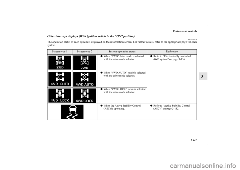MITSUBISHI LANCER 2013 8.G Owners Manual Features and controls
3-227
3
Other interrupt displays (With ignition switch in the “ON” position)
N00558200239
The operation status of each system is displayed on the information screen. For furt