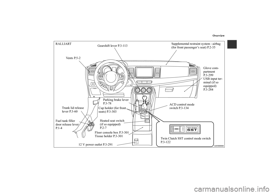 MITSUBISHI LANCER 2013 8.G Owners Manual Overview
Gearshift lever P.3-113 RALLIART
Cup holder (for front
seats) P.3-303
Heated seat switch
(if so equipped)
P. 2 - 7
12 V power outlet P.3-291 Fuel tank filler
door release lever
P. 1 - 4P MITSUBISHI LANCER 2013 8.G Owners Manual Overview
Gearshift lever P.3-113 RALLIART
Cup holder (for front
seats) P.3-303
Heated seat switch
(if so equipped)
P. 2 - 7
12 V power outlet P.3-291 Fuel tank filler
door release lever
P. 1 - 4P