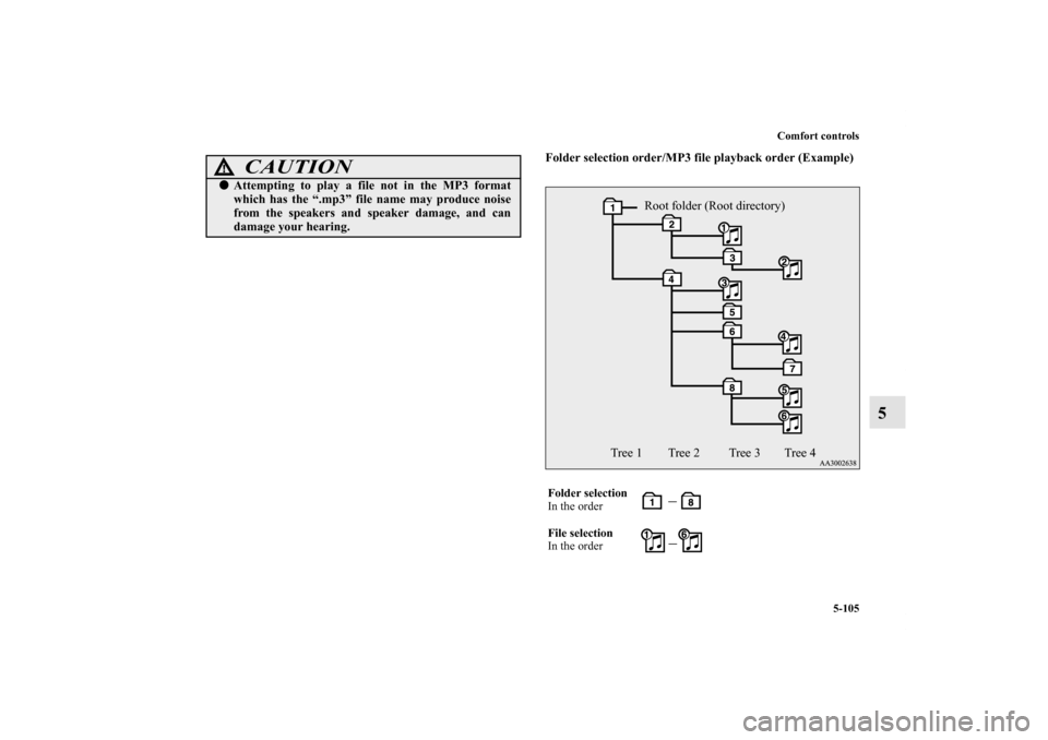MITSUBISHI LANCER 2013 8.G Owners Manual Comfort controls
5-105
5
Folder selection order/MP3 file playback order (Example)
CAUTION
!Attempting to play a file not in the MP3 format
which has the “.mp3” file name may produce noise
from th
