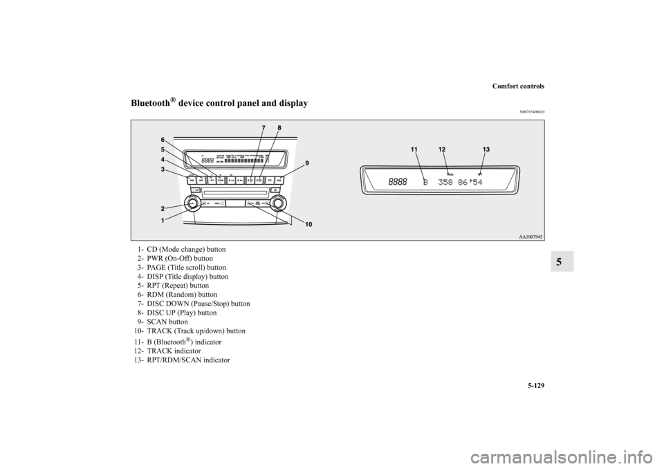 MITSUBISHI LANCER 2013 8.G Owners Manual Comfort controls
5-129
5
Bluetooth
® device control panel and display
N00765400020
1- CD (Mode change) button
2- PWR (On-Off) button
3- PAGE (Title scroll) button
4- DISP (Title display) button
5- RP