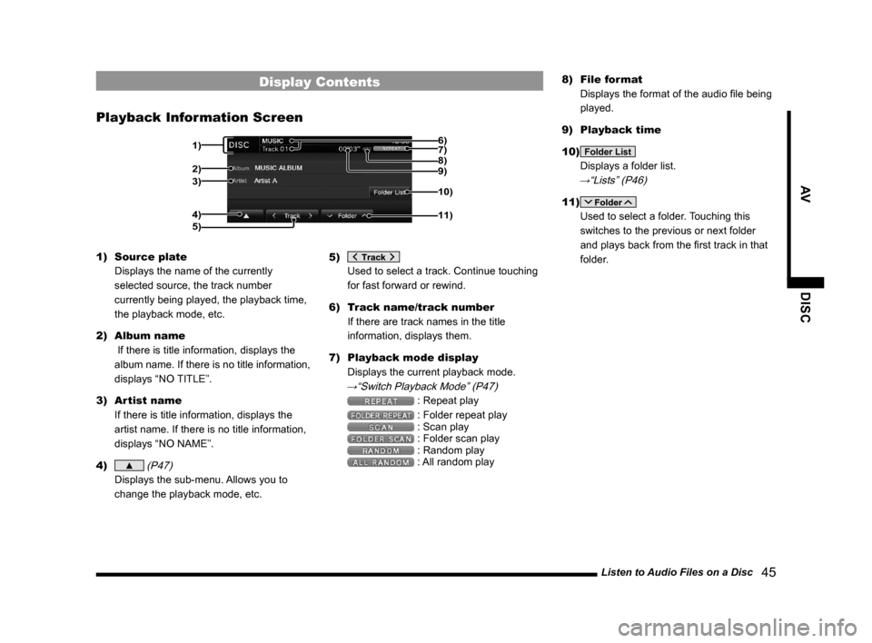 MITSUBISHI LANCER 2014 8.G Display Audio Manual Listen to Audio Files on a Disc   45
AVDISC
Display Contents
Playback Information Screen
2)
3)
4) 1) 7)
10)
11)5)8)
9) 6)
1) 
Source plate 
Displays the name of the currently 
selected source, the tra