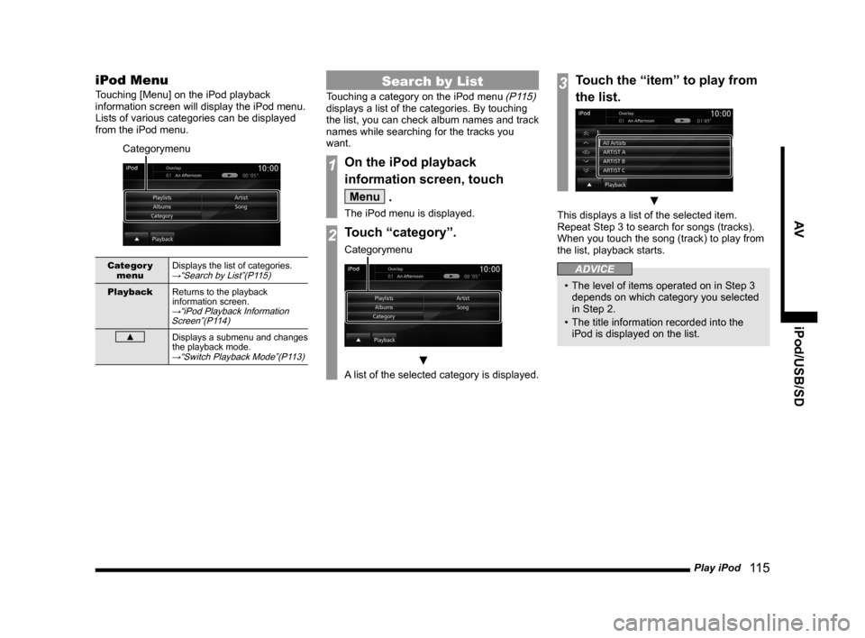 MITSUBISHI LANCER 2014 8.G MMCS Manual Play iPod   11 5
AV iPod/USB/SD
iPod Menu
Touching [Menu] on the iPod playback 
information screen will display the iPod menu.
Lists of various categories can be displayed 
from the iPod menu.
Categor