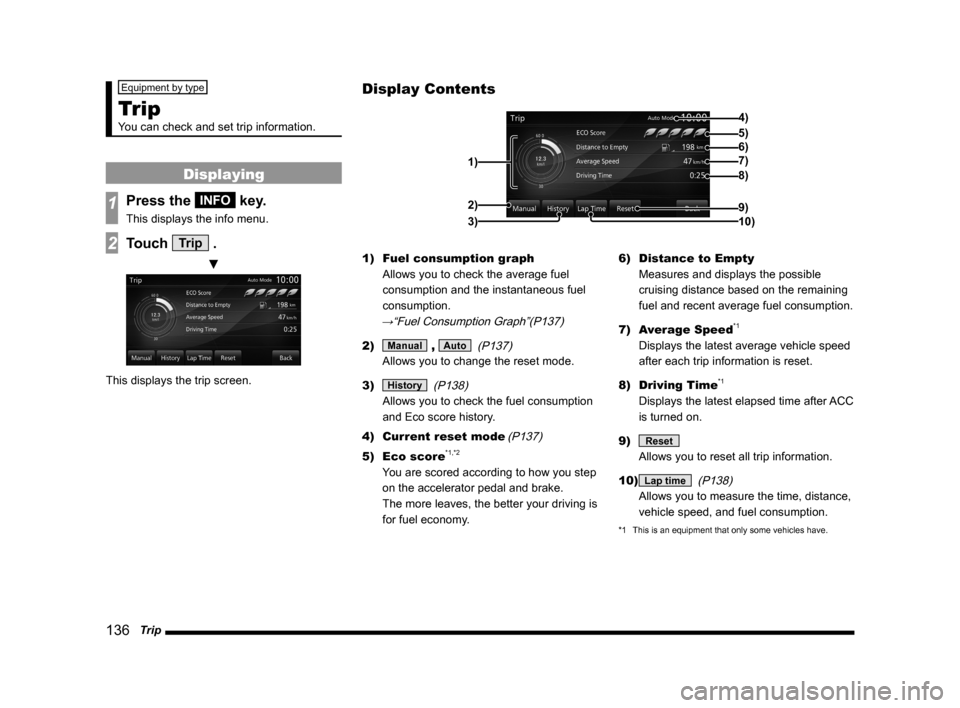 MITSUBISHI LANCER 2014 8.G MMCS Manual 136   Trip
Equipment by type
Trip
You can check and set trip information.
Displaying
1Press the INFO key.
This displays the info menu.
2Touch Trip .
 ▼
This displays the trip screen. 1) 
Fuel consum