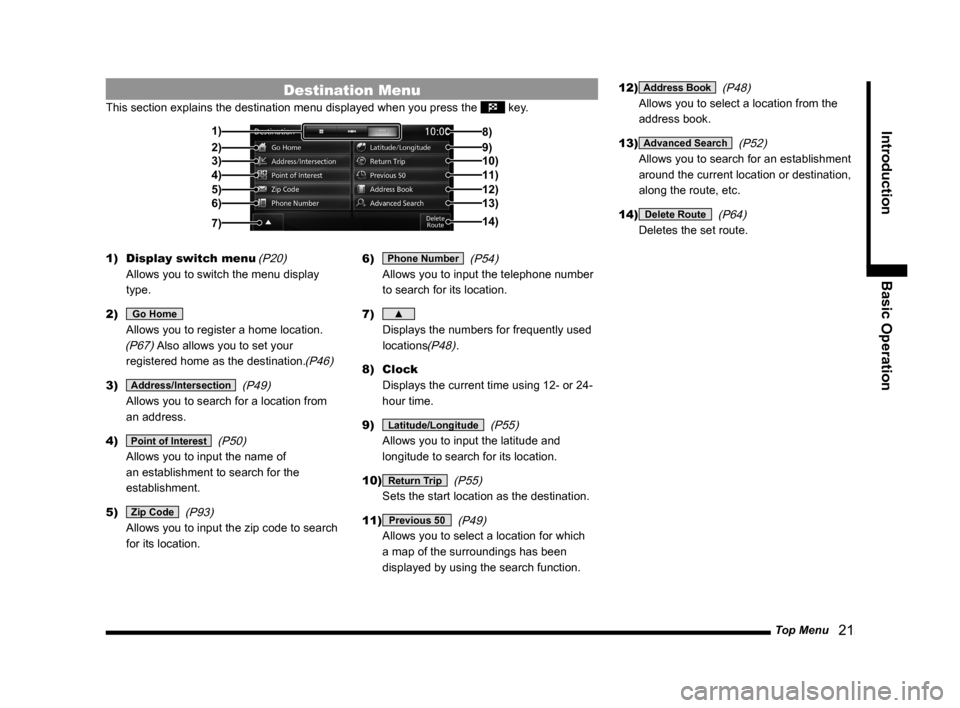 MITSUBISHI LANCER 2014 8.G MMCS Manual Top Menu   21
Introduction Basic Operation
Destination Menu
This section explains the destination menu displayed when you press the \
 key.
2)3)
4)
5)6) 1)
14) 8)
9)10)11)
12)13)
7)
1)  Display switch