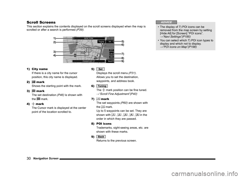 MITSUBISHI LANCER 2014 8.G MMCS Manual 30   Navigation Screen
Scroll Screens
This section explains the contents displayed on the scroll screens displ\
ayed when the map is 
scrolled or after a search is performed (P39).
2)
3)
4) 1)
6) 5)
7