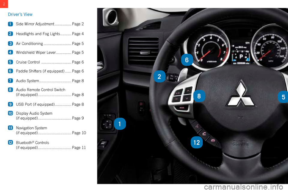 MITSUBISHI LANCER 2014 8.G Owners Handbook 2
2
85
12
1
6
Driver’s View
 1 Side Mirror Adjustment ...............Page 2
 2

 
Headlights and Fog Lights
   .......... Page 4
 3

 
Air Conditioning

 
......................... Page 5
 4

 
Wind