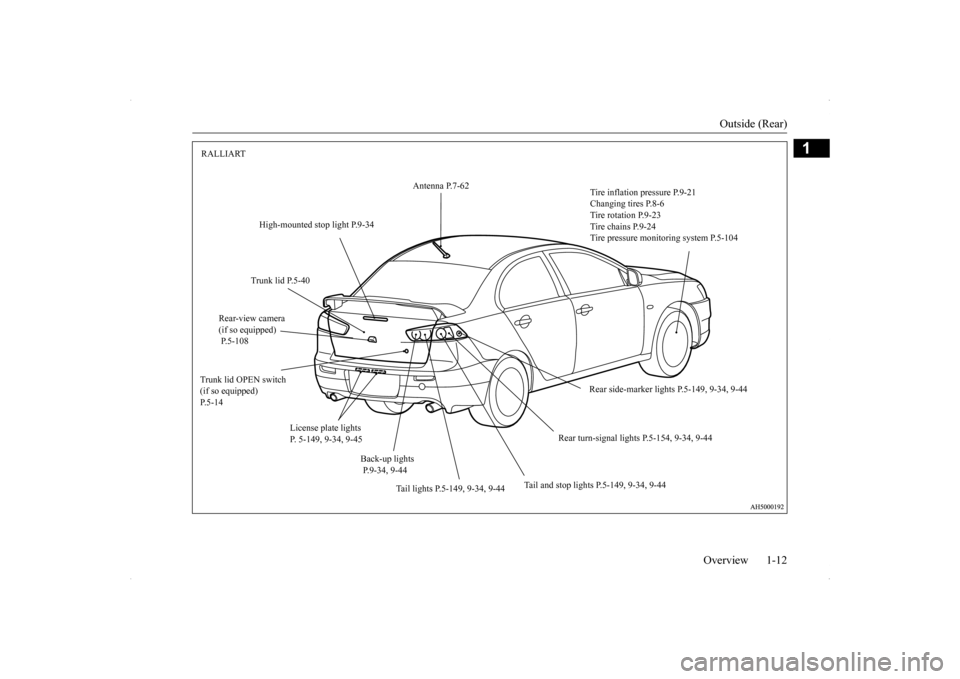 MITSUBISHI LANCER 2014 8.G User Guide Outside (Rear)
Overview 1-12
1
RALLIART
Antenna P.7-62
Tire inflation pressure P.9-21 Changing tires P.8-6 Tire rotation P.9-23Tire chains P.9-24 Tire pressure monitoring system P.5-104
High-mount MITSUBISHI LANCER 2014 8.G User Guide Outside (Rear)
Overview 1-12
1
RALLIART
Antenna P.7-62
Tire inflation pressure P.9-21 Changing tires P.8-6 Tire rotation P.9-23Tire chains P.9-24 Tire pressure monitoring system P.5-104
High-mount