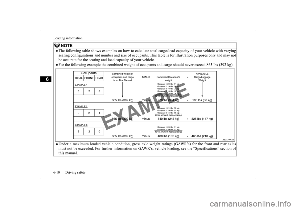 MITSUBISHI LANCER 2014 8.G Owners Manual Loading information 6-10 Driving safety
6
NOTE
The following table shows examples on how
to calculate total cargo/load cap
acity of your vehicle with varying
seating configurations and number an MITSUBISHI LANCER 2014 8.G Owners Manual Loading information 6-10 Driving safety
6
NOTE
The following table shows examples on how
to calculate total cargo/load cap
acity of your vehicle with varying
seating configurations and number an