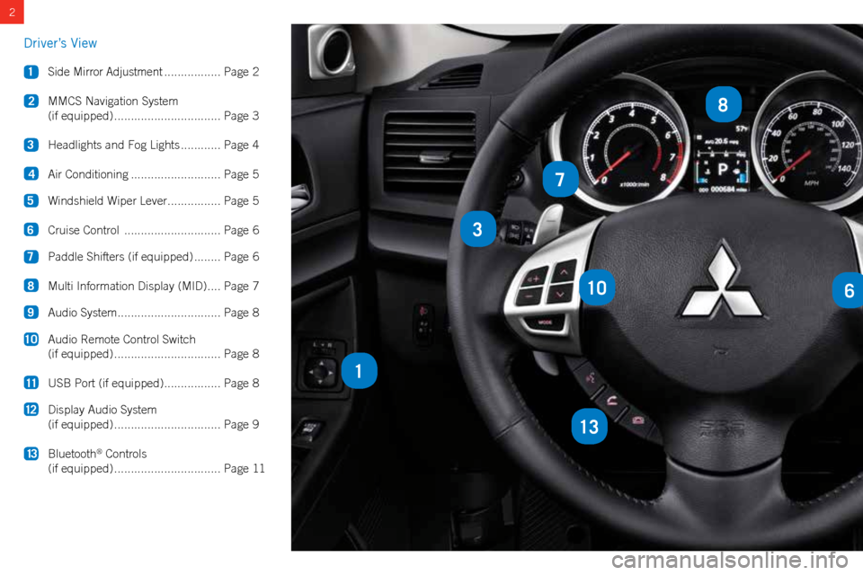 MITSUBISHI LANCER 2015 8.G Owners Handbook 2
3
106
13
1
7
8
Driver’s View
 1 Side Mirror Adjustment .................Page 2
  2   MMCS Navigation System
    (if equipped) ................................ Page 3
  3  Headlights and Fog Lights