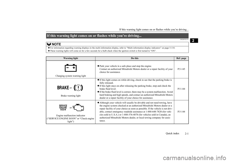 MITSUBISHI LANCER 2015 8.G Owners Manual 2-1
2
If this warning light comes on or
 flashes while you’re driving...
Quick index
N00200702191
If this warning light comes on or flashes while you’re driving... 
NOTE
For information regardi