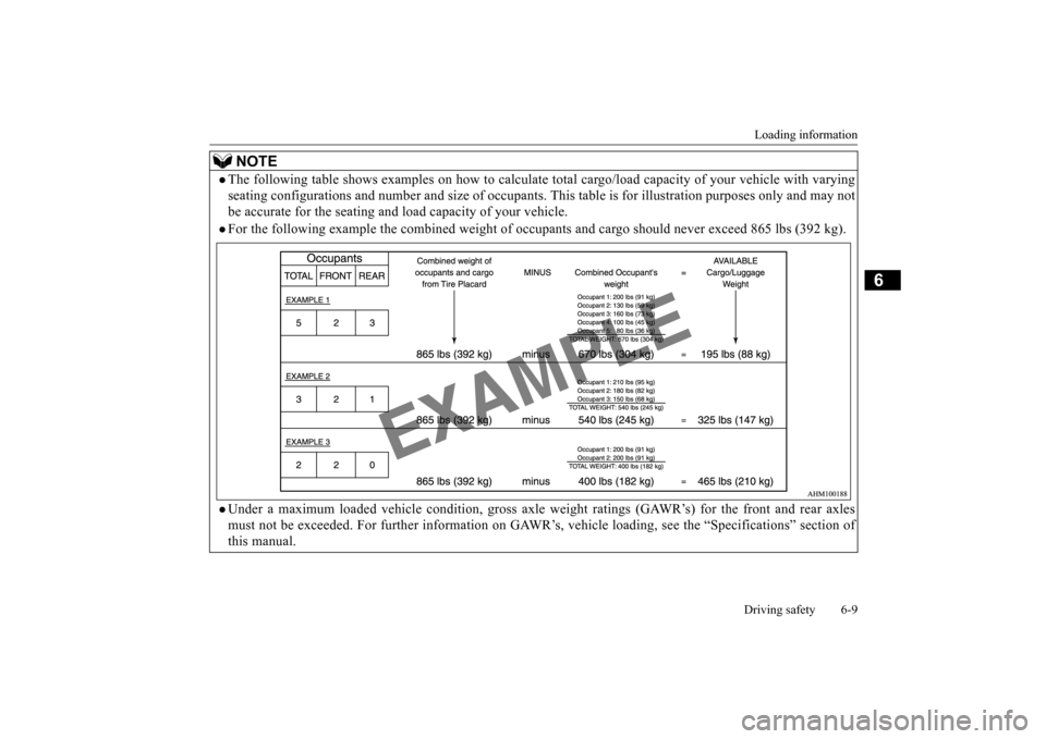 MITSUBISHI LANCER 2015 8.G Owners Manual Loading information Driving safety 6-9
6
NOTE
The following table shows examples on how to calculate to
tal cargo/load capacity of your vehicle with varying
seating configurations and number and MITSUBISHI LANCER 2015 8.G Owners Manual Loading information Driving safety 6-9
6
NOTE
The following table shows examples on how to calculate to
tal cargo/load capacity of your vehicle with varying
seating configurations and number and