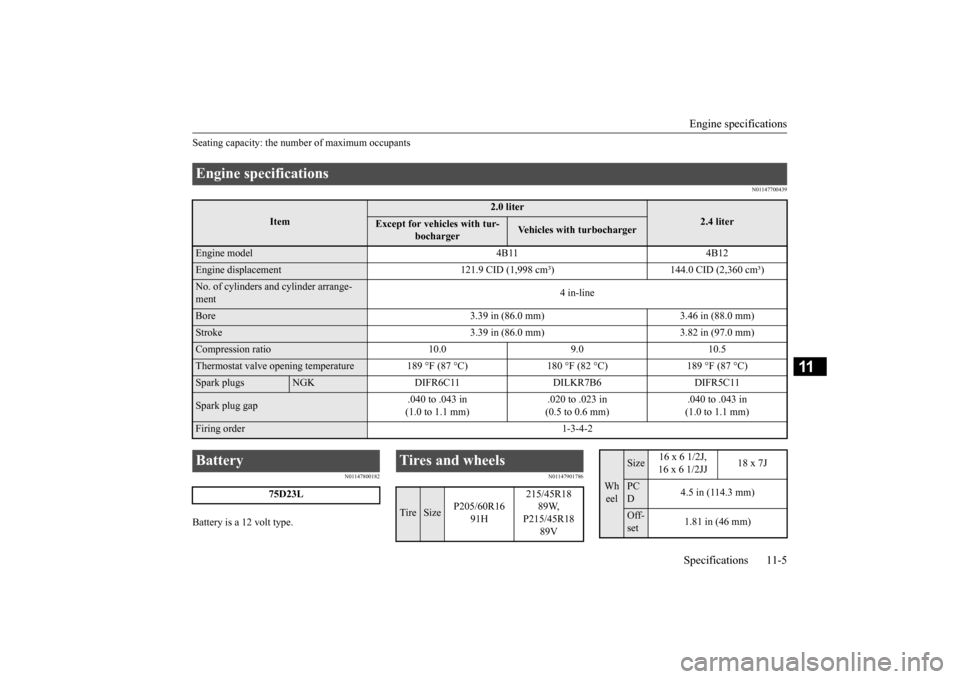 MITSUBISHI LANCER 2015 8.G Owners Manual Engine specifications Specifications 11-5
11
Seating capacity: the number of maximum occupants
N01147700439 
N01147800182
Battery is a 12 volt type.
N01147901786
Engine specifications 
Item
2.0 liter
